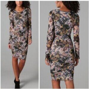 Elizabeth and James Pink Blue Abstract Floral Mesh Long Sleeve Midi Dress